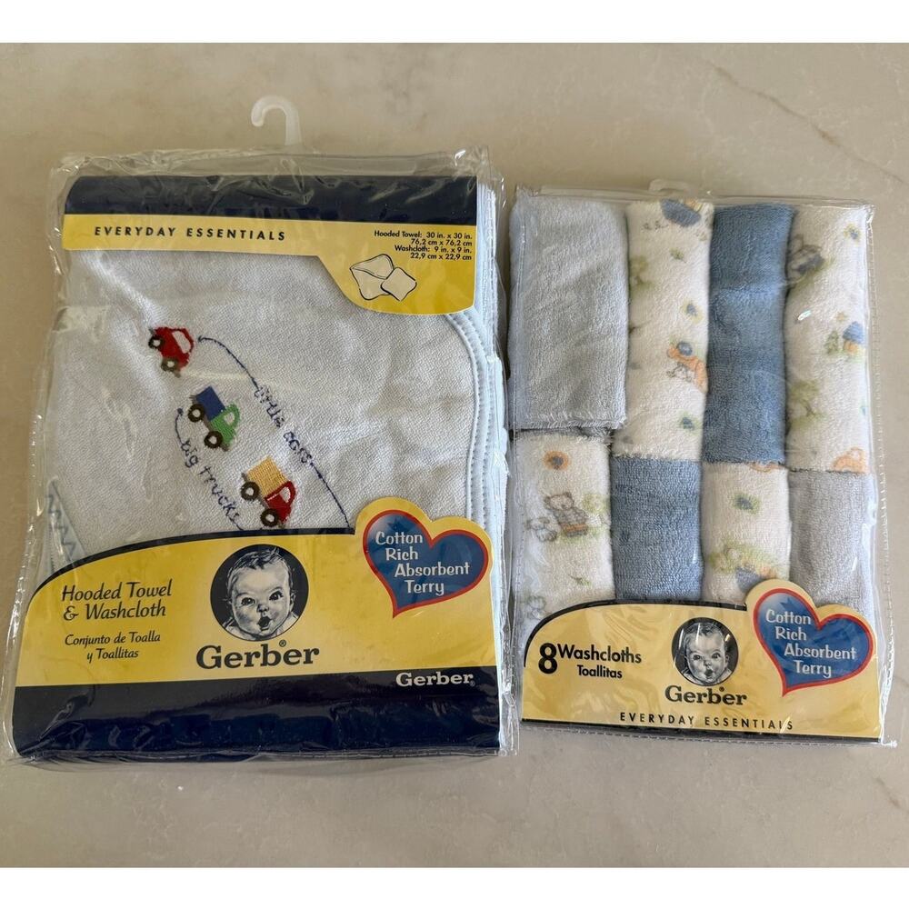 Vintage Deadstock Gerber baby boy 'big trucks' hooded bath towel / washcloth NEW